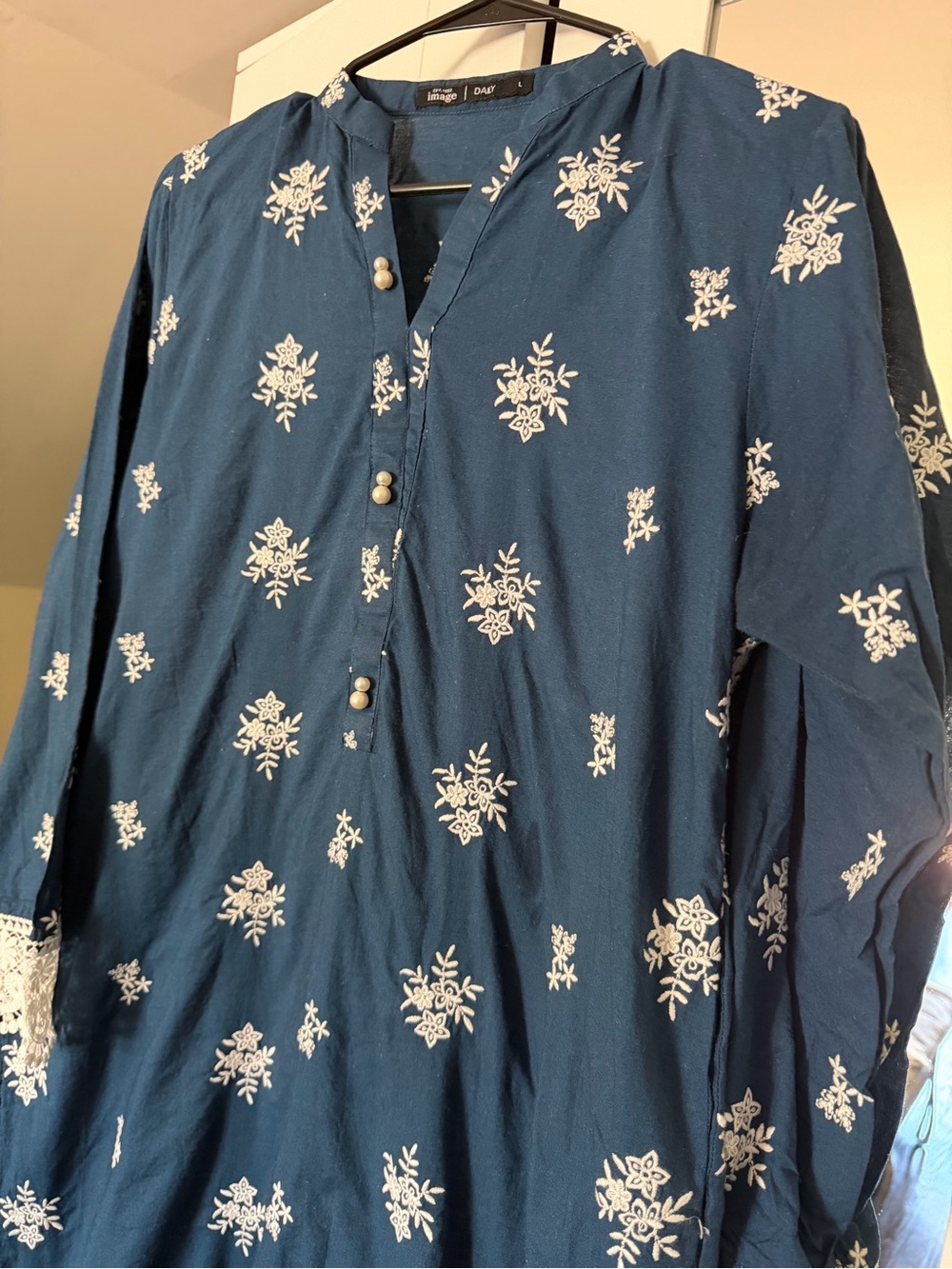 Blue Embroidered Shirt - Casual Button Henley